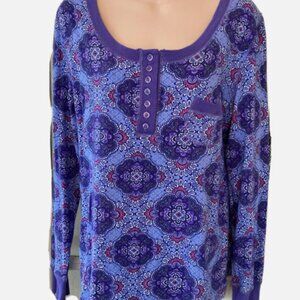 Vera Bradley Women's Purple Floral Long Sleeve Button Front T-Shirt Top Sze L